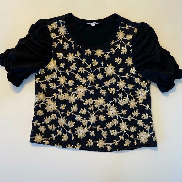 Anthropologie Tops - Isla Maude Gold Embroidered Sequins Floral Ruffled 3/4 Sleeve Top Women’ Size S